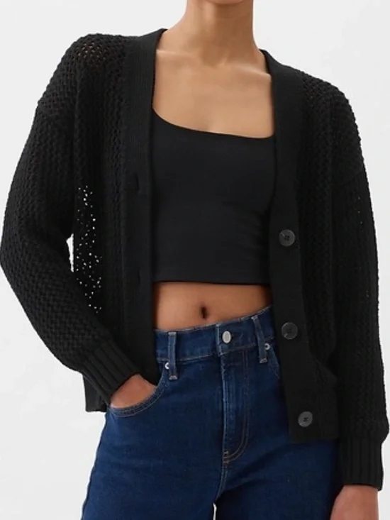 GAP Crochet Cardigan Sweater Black Open Knit Beachy Oversized Button Up Size L - Picture 4 of 16